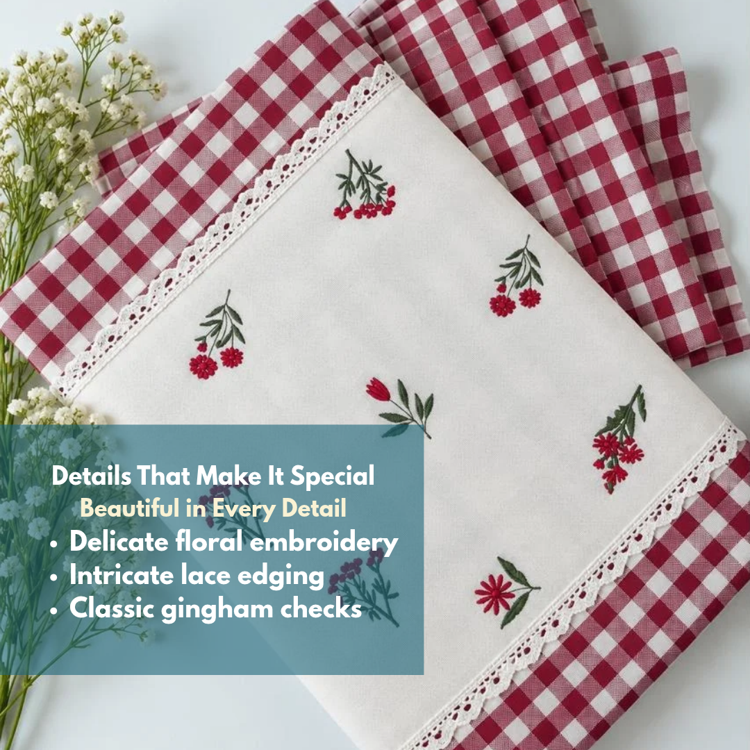cherry Red Pure Cotton Floral Embroidered Bedspread with Lace Border – 108 × 108 Inches