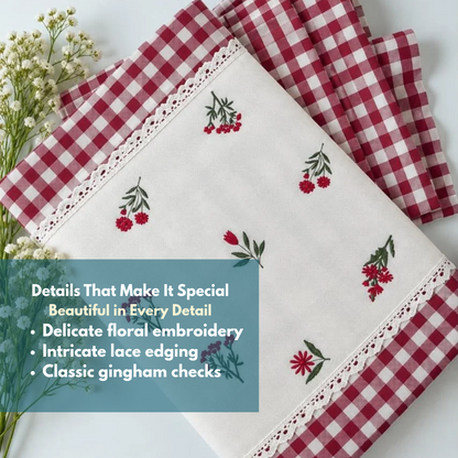 cherry Red Pure Cotton Floral Embroidered Bedspread with Lace Border – 108 × 108 Inches