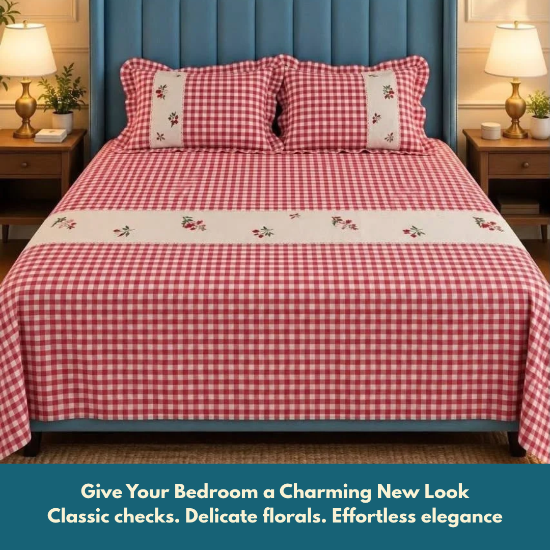 cherry Red Pure Cotton Floral Embroidered Bedspread with Lace Border – 108 × 108 Inches