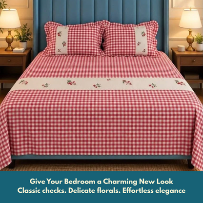 cherry Red Pure Cotton Floral Embroidered Bedspread with Lace Border – 108 × 108 Inches