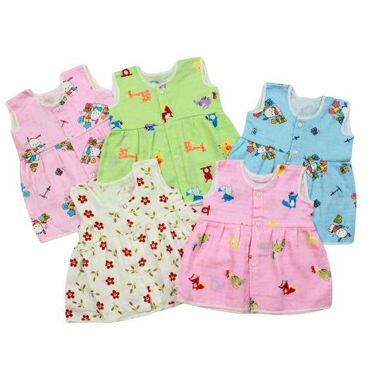 Muslin Cotton Baby Frocks | Pack of 5 | Ultra-Soft, Front-Open Design