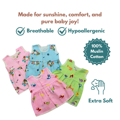 Muslin Cotton Baby Frocks | Pack of 5 | Ultra-Soft, Front-Open Design