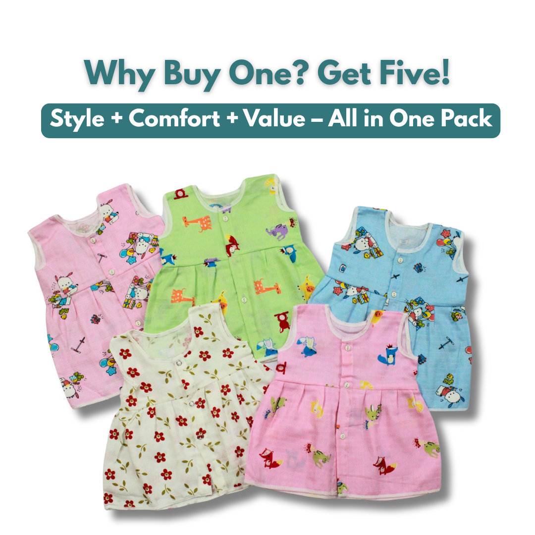 Muslin Cotton Baby Frocks | Pack of 5 | Ultra-Soft, Front-Open Design