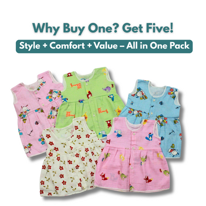 Muslin Cotton Baby Frocks | Pack of 5 | Ultra-Soft, Front-Open Design