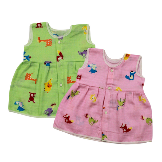 Muslin Cotton Baby Frocks | Pack of 2 | Ultra-Soft, Front-Open Design