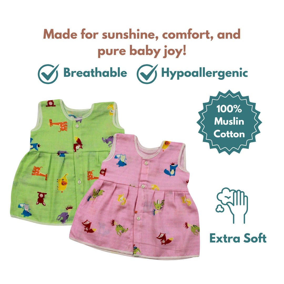 Muslin Cotton Baby Frocks | Pack of 2 | Ultra-Soft, Front-Open Design