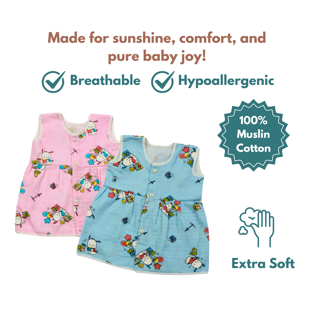 Muslin Cotton Baby Frocks | Pack of 2 | Ultra-Soft, Front-Open Design