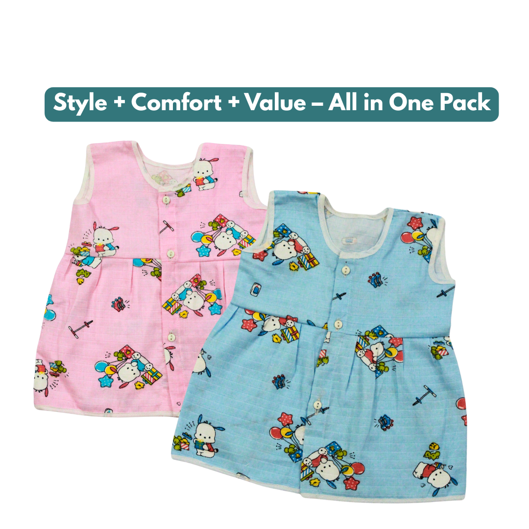 Muslin Cotton Baby Frocks | Pack of 2 | Ultra-Soft, Front-Open Design