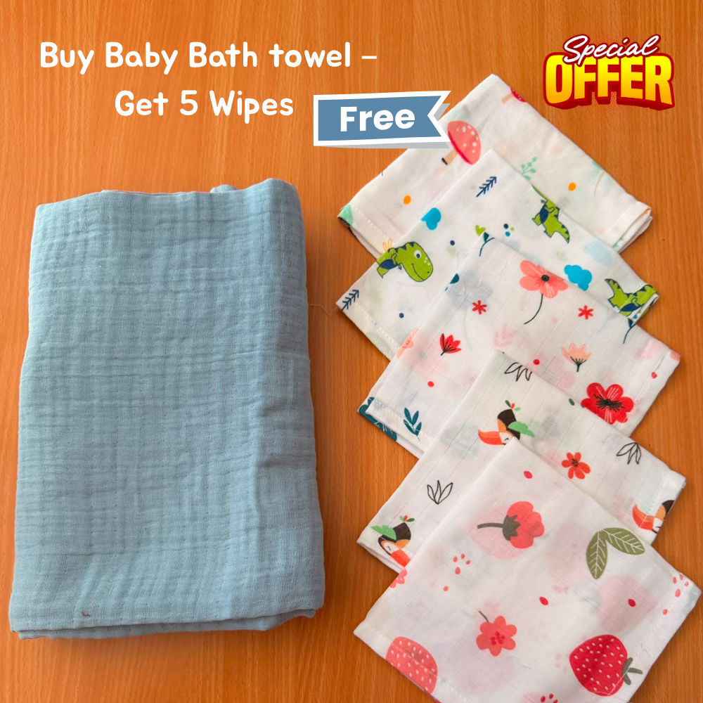 100% Organic Muslin Blue Baby Bath Towel (110 x 75 cm) + Get 5 Printed Muslin Wipes Free (12 x 12 Inches)