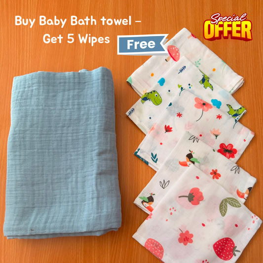 100% Organic Muslin Blue Baby Bath Towel (110 x 75 cm) + Get 5 Printed Muslin Wipes Free (12 x 12 Inches)