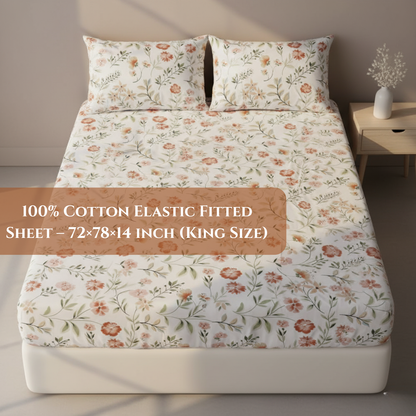 BigMoon Blush Bloom – Floral Cotton Elastic Fitted Sheet (72x78x14")