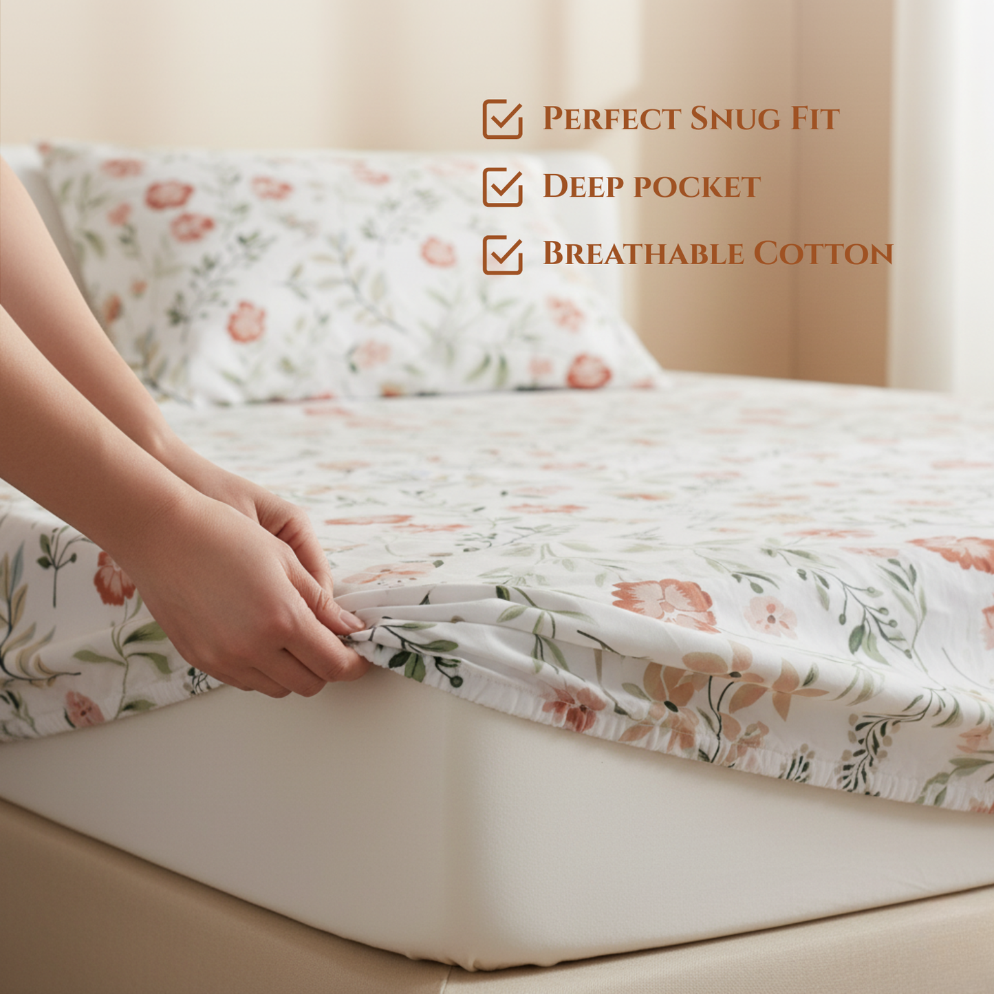 BigMoon Blush Bloom – Floral Cotton Elastic Fitted Sheet (72x78x14")