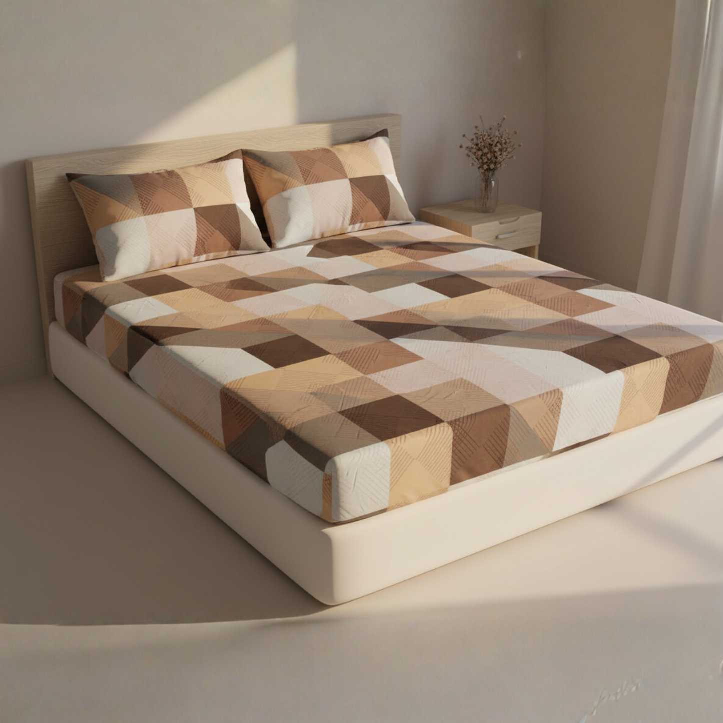 BigMoon Mocha Geometric Charm – Cotton Elastic Fitted Sheet (72x78x14")