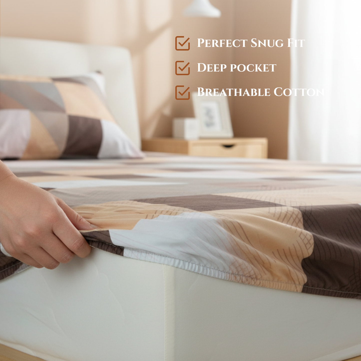 BigMoon Mocha Geometric Charm – Cotton Elastic Fitted Sheet (72x78x14")