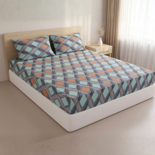 BigMoon Aqua Grid Luxe – 100% Cotton Fitted Sheet (72x78x14")