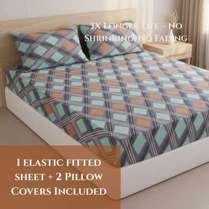 BigMoon Aqua Grid Luxe – 100% Cotton Fitted Sheet (72x78x14")