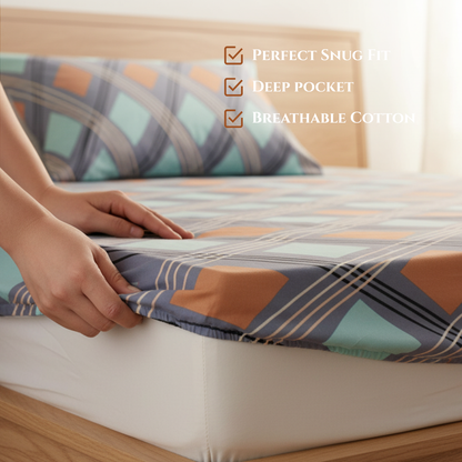 BigMoon Aqua Grid Luxe – 100% Cotton Fitted Sheet (72x78x14")