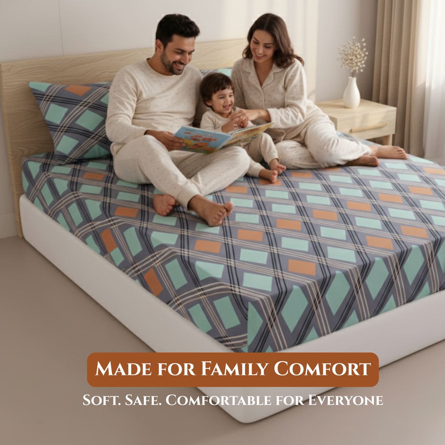 BigMoon Aqua Grid Luxe – 100% Cotton Fitted Sheet (72x78x14")