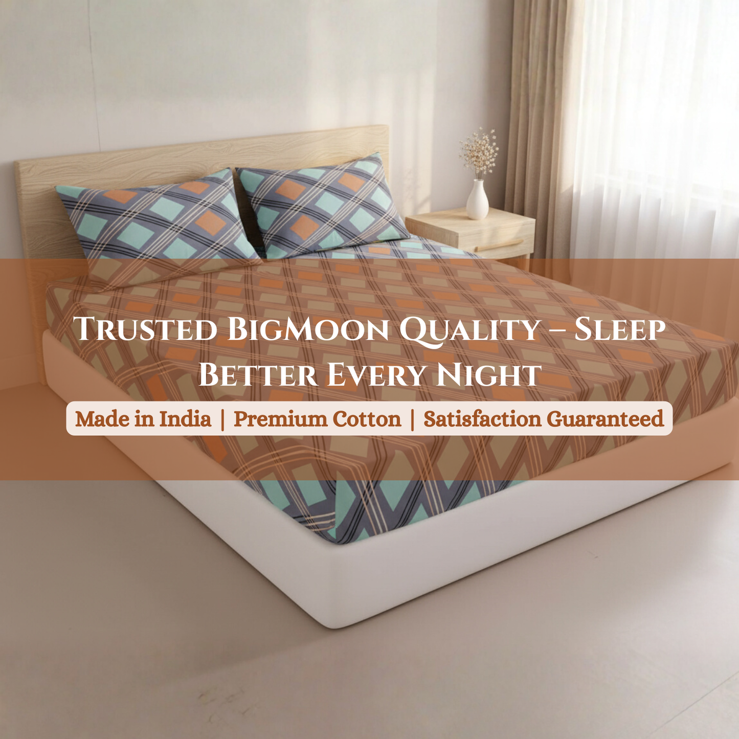 BigMoon Aqua Grid Luxe – 100% Cotton Fitted Sheet (72x78x14")