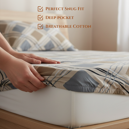 BigMoon Classic Beige Diamond – 100% Cotton Elastic Fitted Sheet (72x78x14")