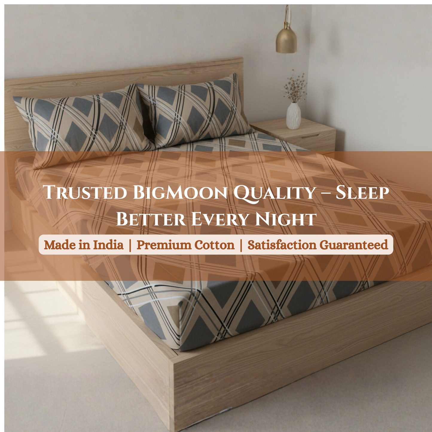 BigMoon Classic Beige Diamond – 100% Cotton Elastic Fitted Sheet (72x78x14")