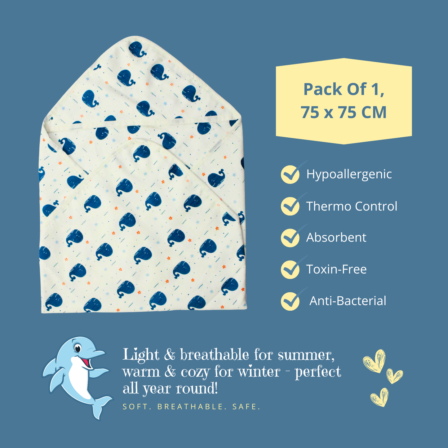 Muslin Organic shark printed Hooded Blankets [4 Layer], Pack of 1, 75 x 75 cm