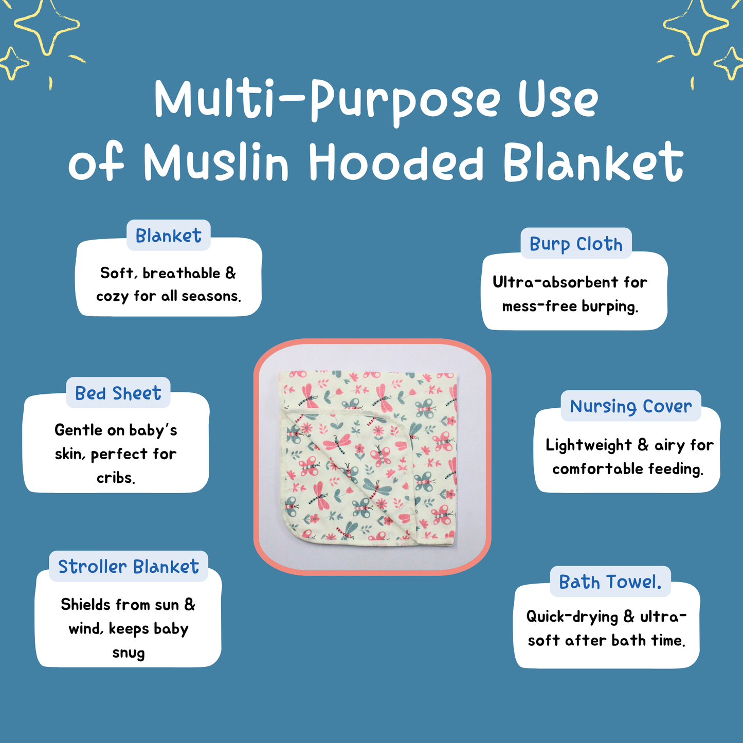 Muslin Organic Butterfly printed Hooded Blankets [4 Layer], Pack of 1, 75 x 75 cm