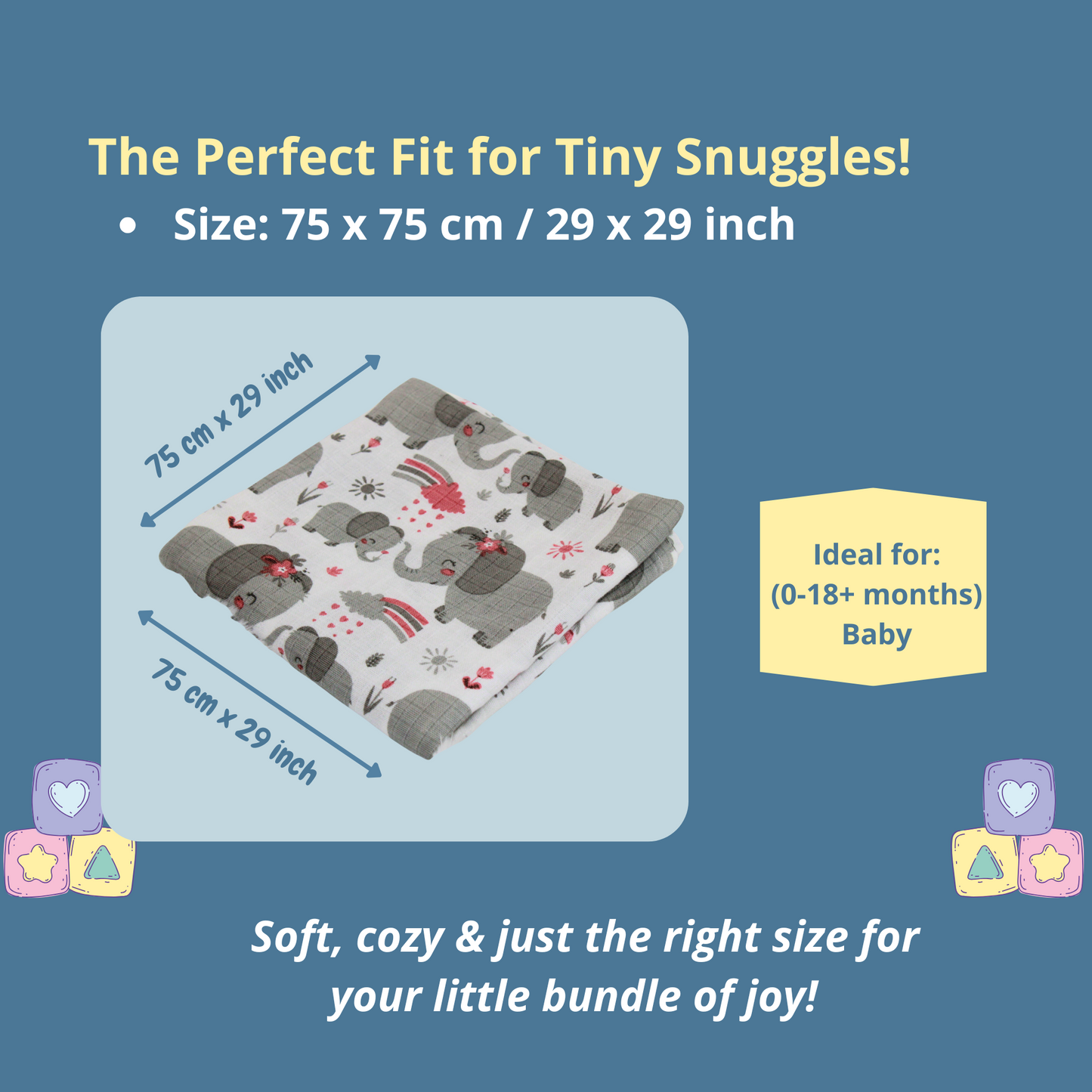 Muslin Organic Elephant printed Hooded Blankets [4 Layer], Pack of 1, 75 x 75 cm