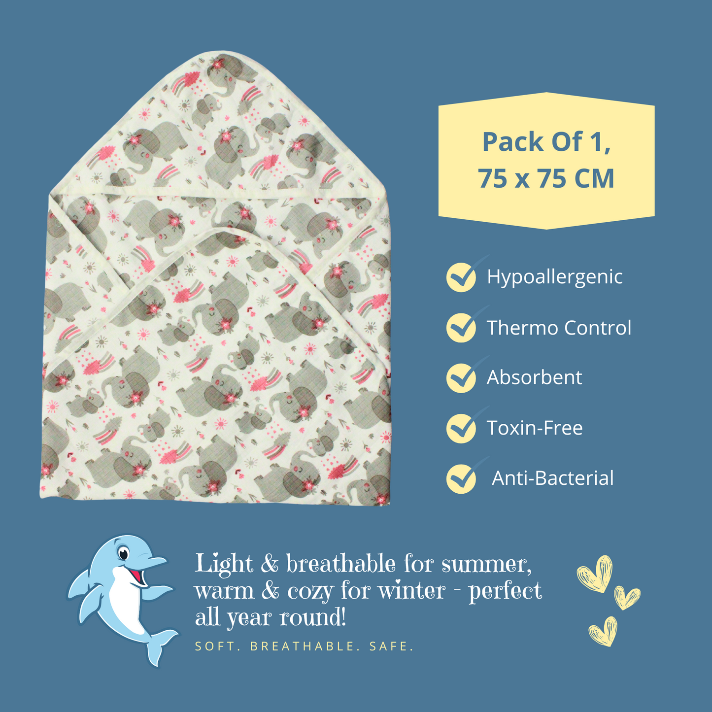 Muslin Organic Elephant printed Hooded Blankets [4 Layer], Pack of 1, 75 x 75 cm