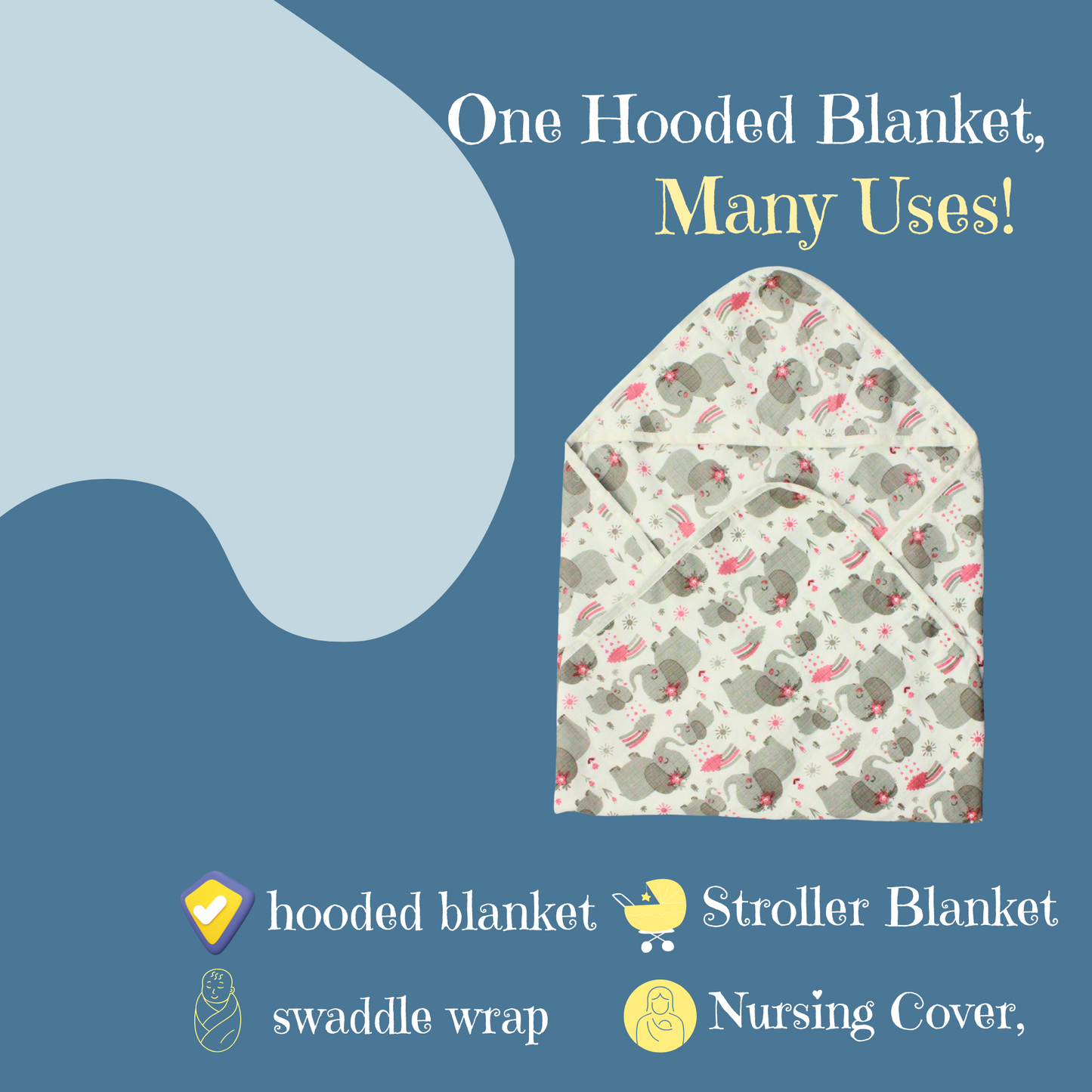 Muslin Organic Elephant printed Hooded Blankets [4 Layer], Pack of 1, 75 x 75 cm