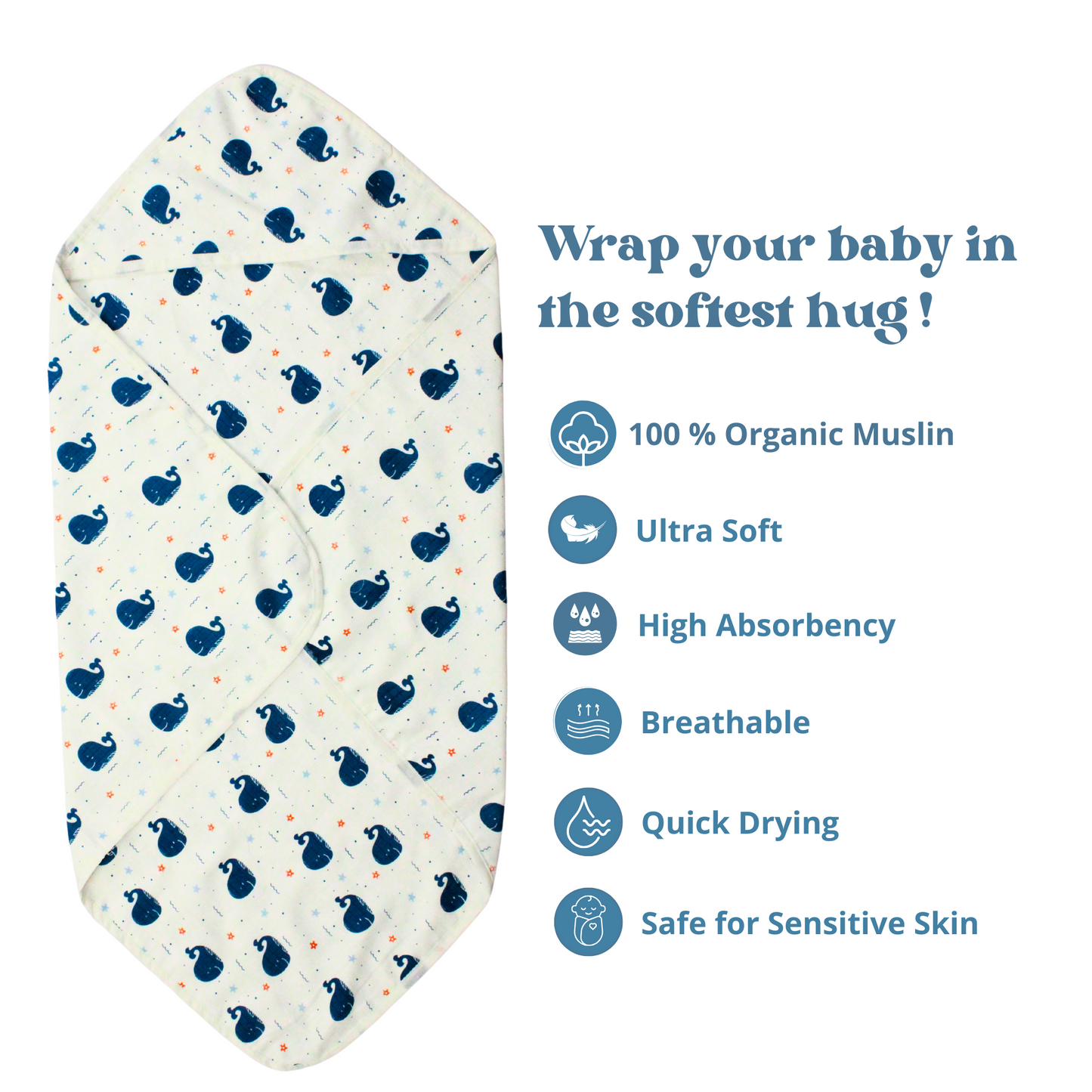 Muslin Organic shark printed Hooded Blankets [4 Layer], Pack of 1, 75 x 75 cm