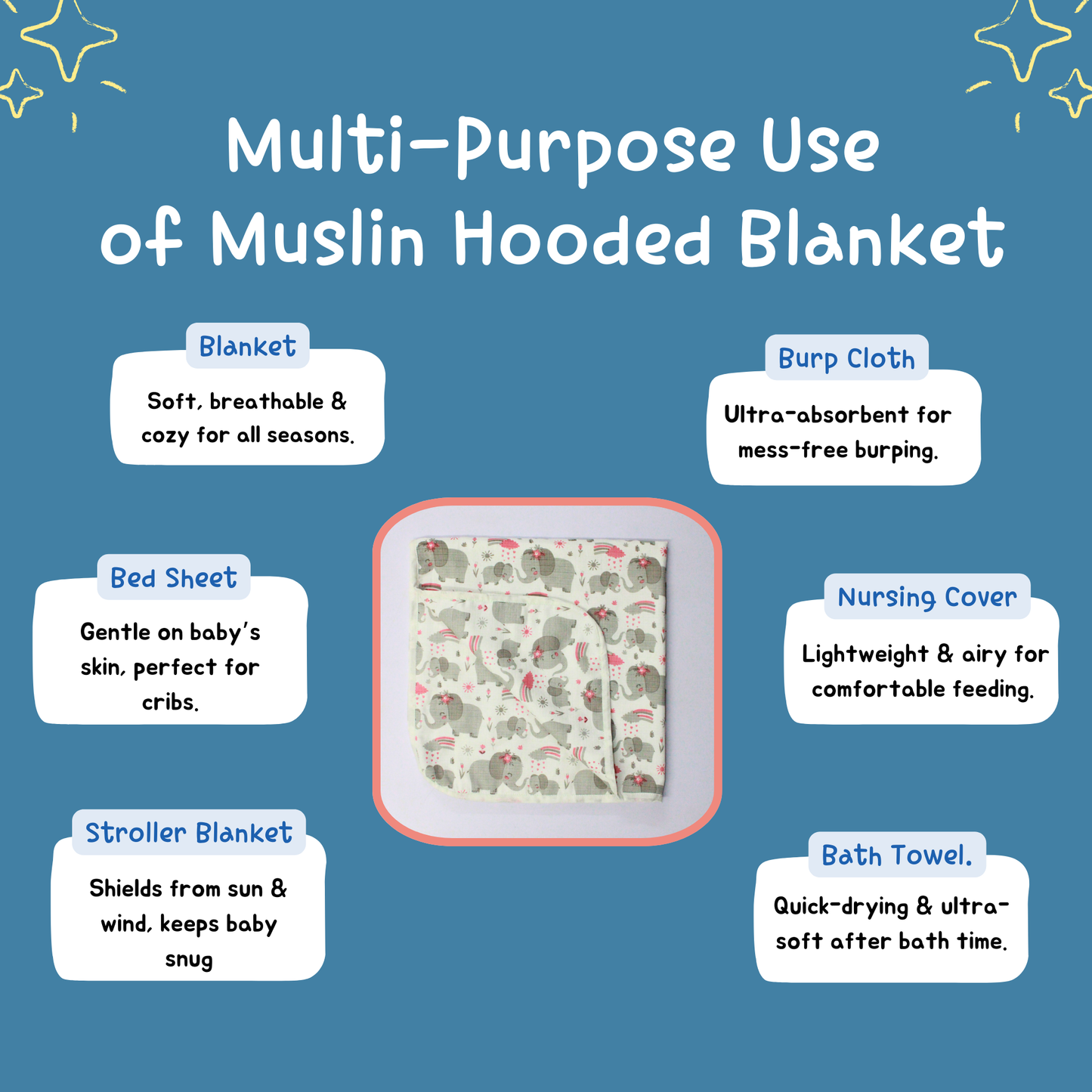 Muslin Organic Elephant printed Hooded Blankets [4 Layer], Pack of 1, 75 x 75 cm