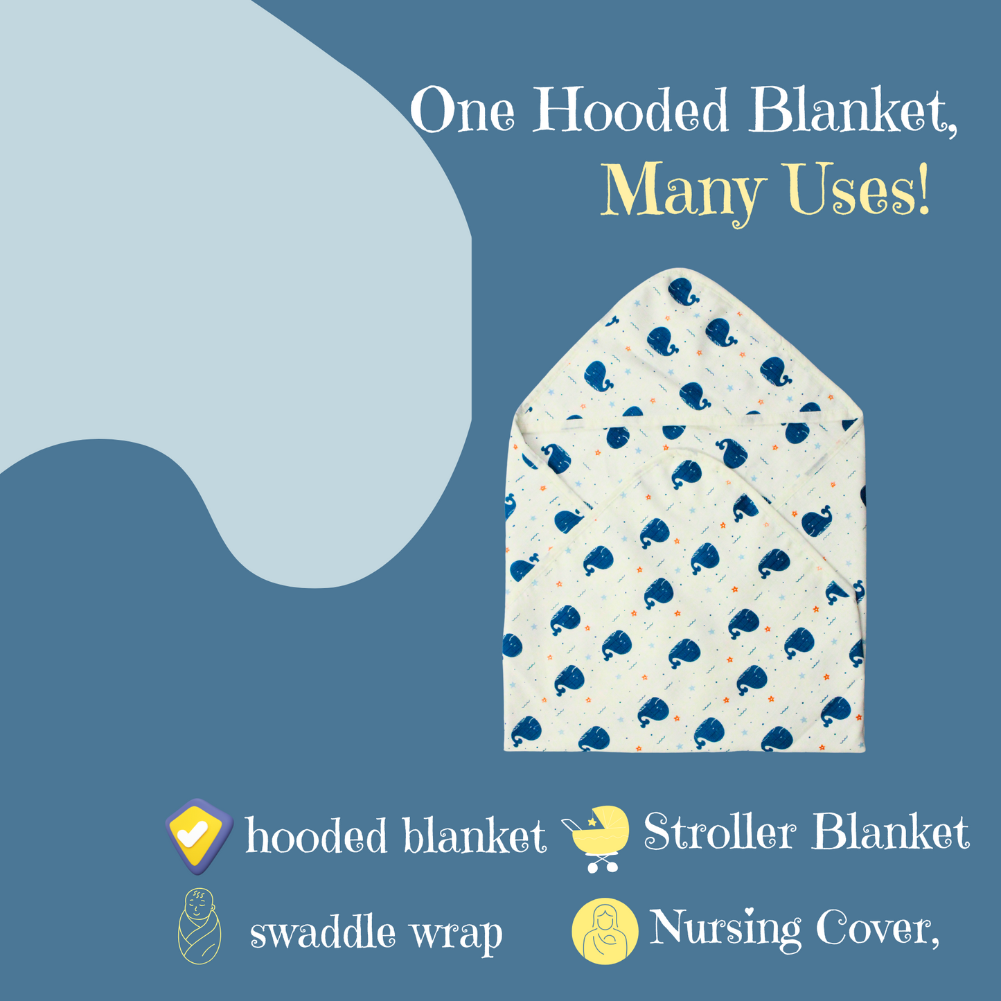 Muslin Organic shark printed Hooded Blankets [4 Layer], Pack of 1, 75 x 75 cm
