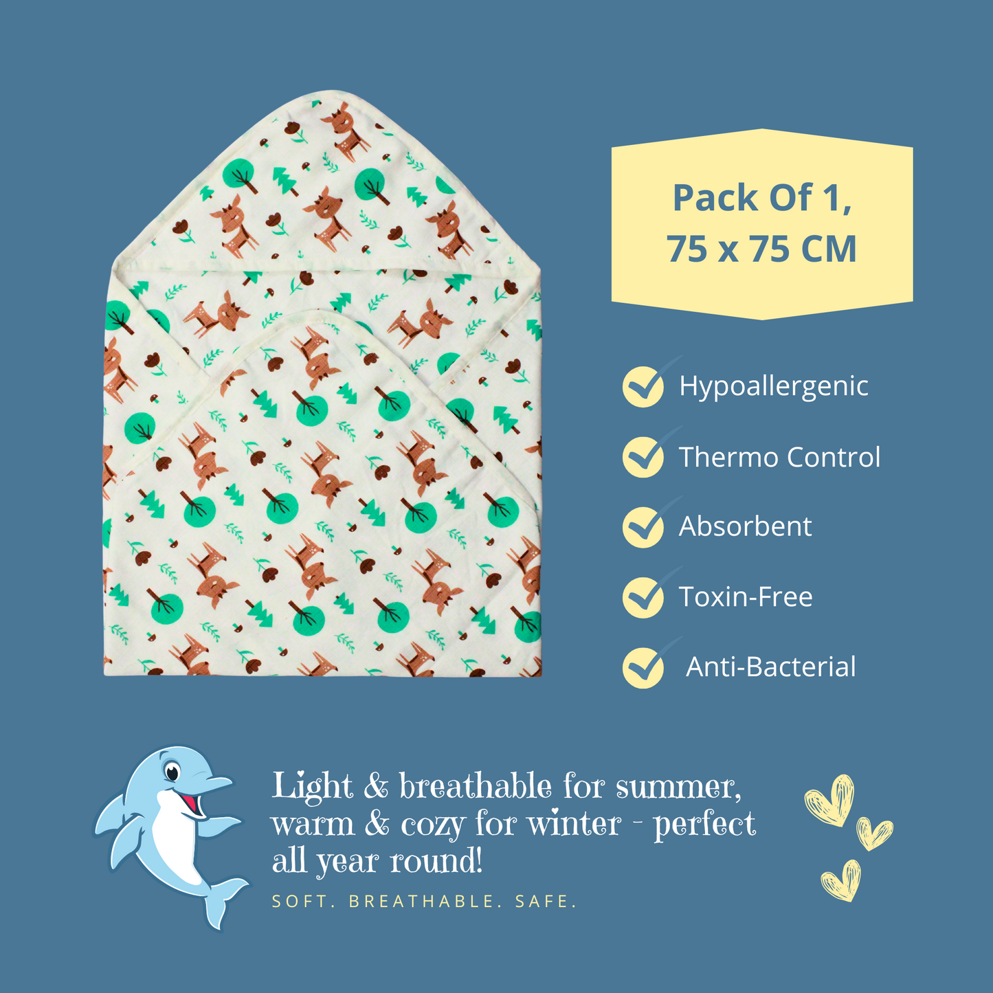 Muslin Organic Deer printed Hooded Blankets [4 Layer], Pack of 1, 75 x 75 cm