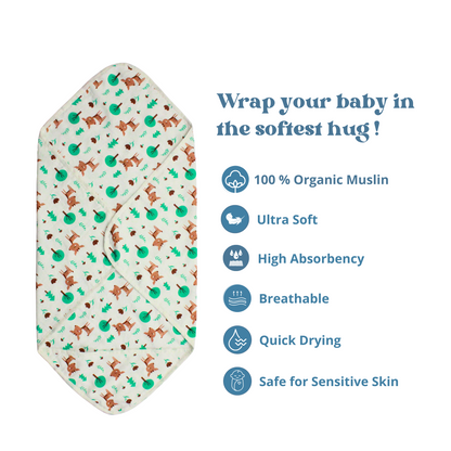Muslin Organic Deer printed Hooded Blankets [4 Layer], Pack of 1, 75 x 75 cm