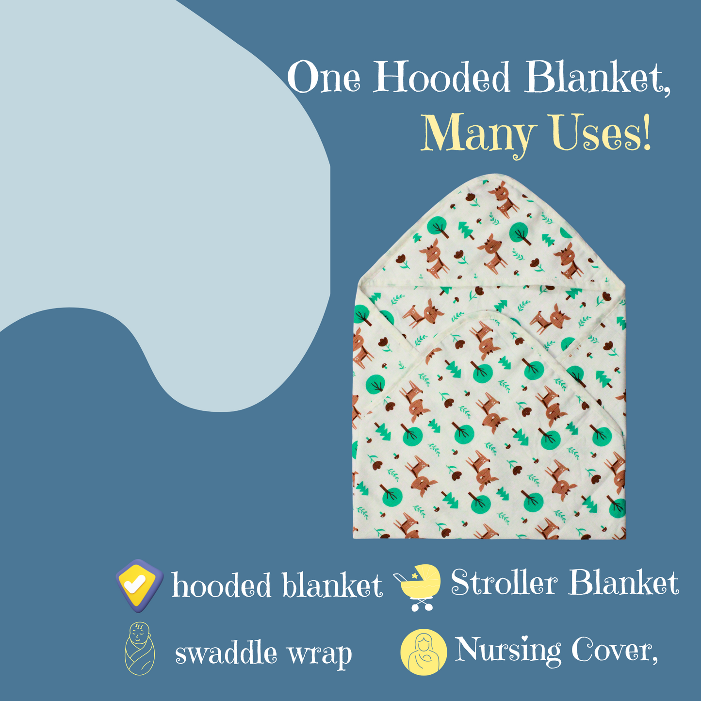 Muslin Organic Deer printed Hooded Blankets [4 Layer], Pack of 1, 75 x 75 cm