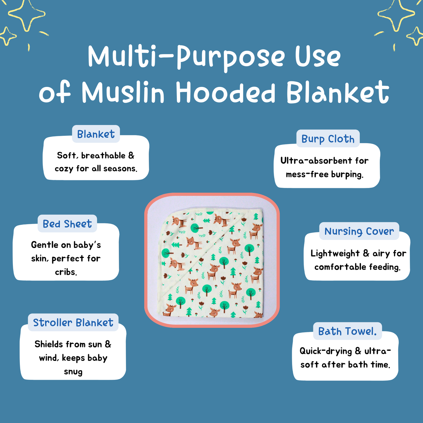 Muslin Organic Deer printed Hooded Blankets [4 Layer], Pack of 1, 75 x 75 cm