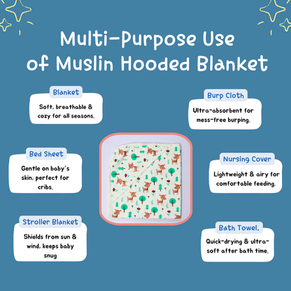 Muslin Organic Deer printed Hooded Blankets [4 Layer], Pack of 1, 75 x 75 cm