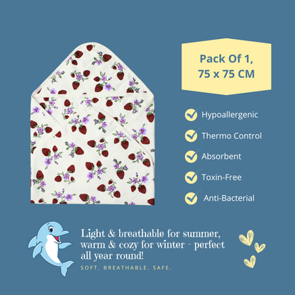 Muslin Organic Strawberry printed Hooded Blankets [4 Layer], Pack of 1, 75 x 75 cm