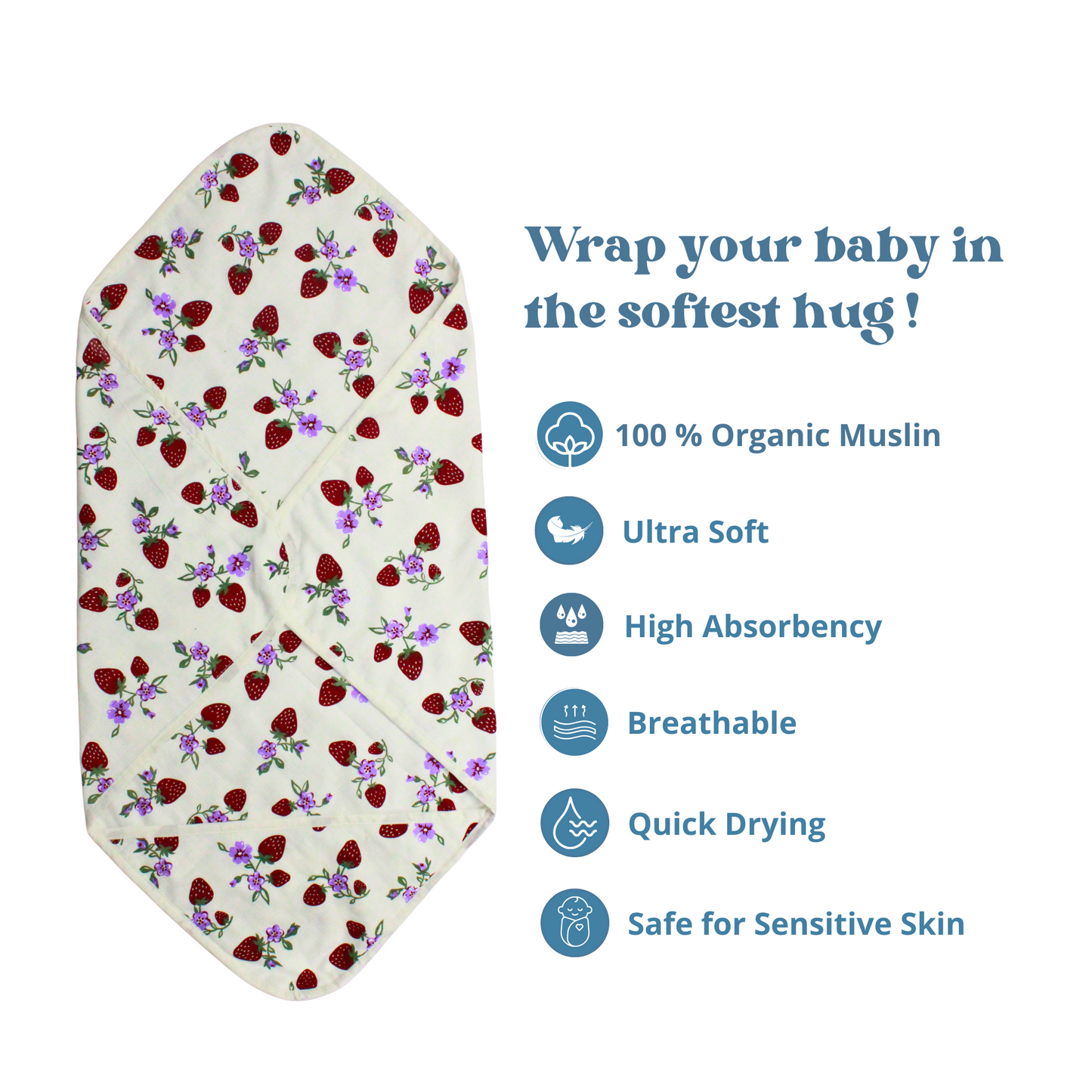 Muslin Organic Strawberry printed Hooded Blankets [4 Layer], Pack of 1, 75 x 75 cm