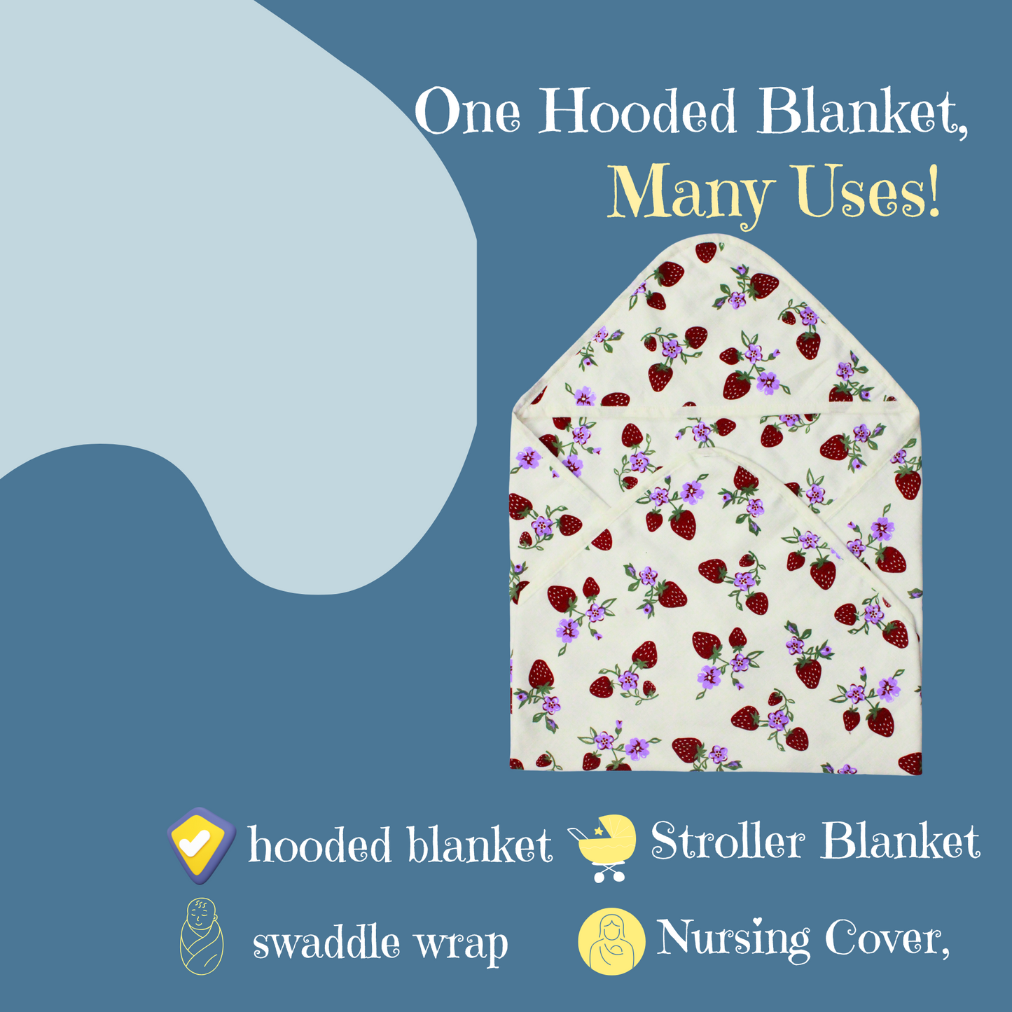 Muslin Organic Strawberry printed Hooded Blankets [4 Layer], Pack of 1, 75 x 75 cm