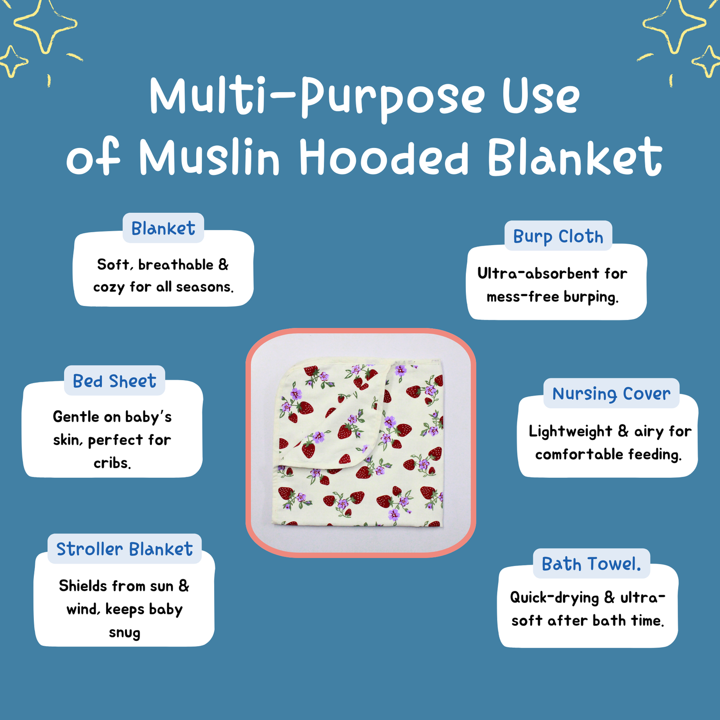 Muslin Organic Strawberry printed Hooded Blankets [4 Layer], Pack of 1, 75 x 75 cm