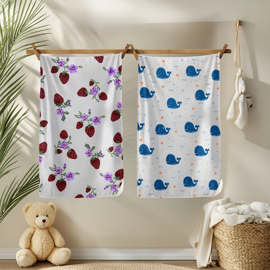 Muslin Baby Towel – 75x140 cm - Shark & Strawberry Print
