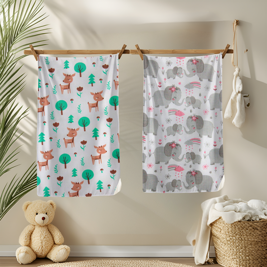 Muslin Baby Towel – 75x140 cm - Deer Elephant Print