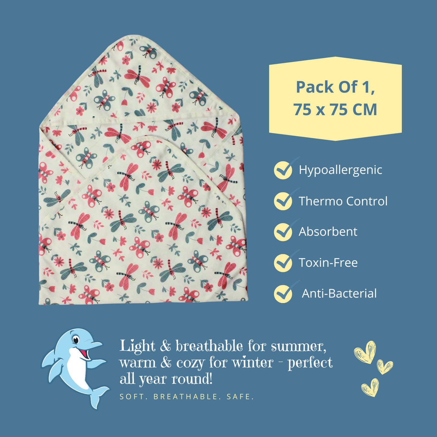 Muslin Organic Butterfly printed Hooded Blankets [4 Layer], Pack of 1, 75 x 75 cm