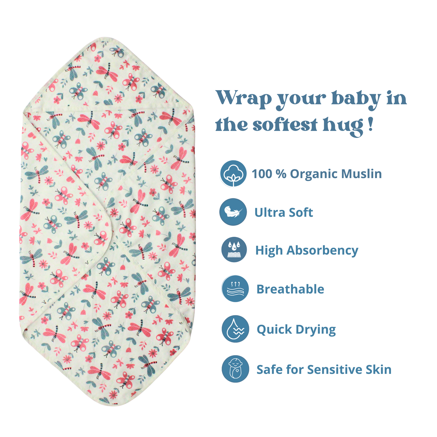 Muslin Organic Butterfly printed Hooded Blankets [4 Layer], Pack of 1, 75 x 75 cm