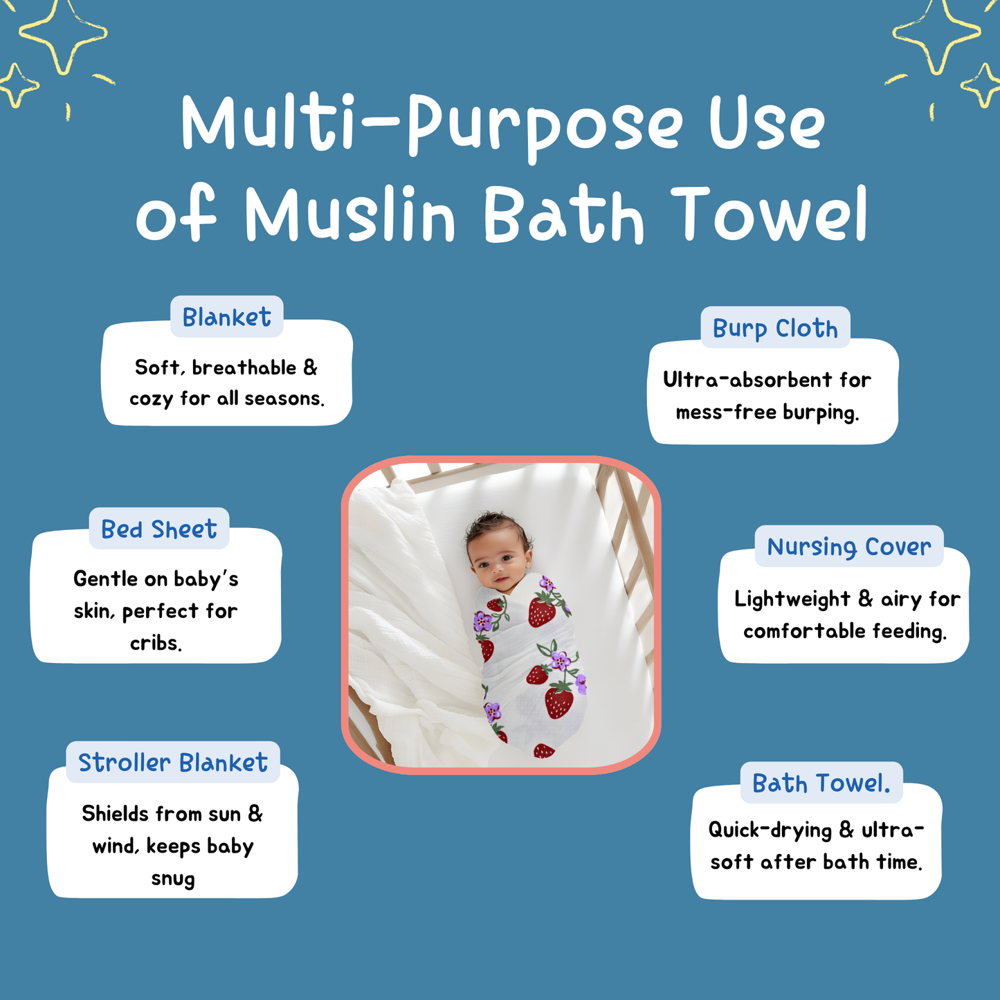 Muslin Baby Towel – 75x140 cm - Shark & Strawberry Print