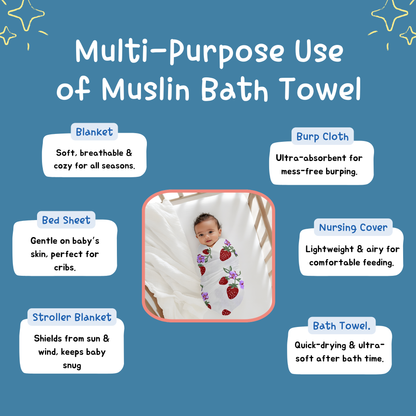 Muslin Baby Towel – 75x140 cm - Shark & Strawberry Print