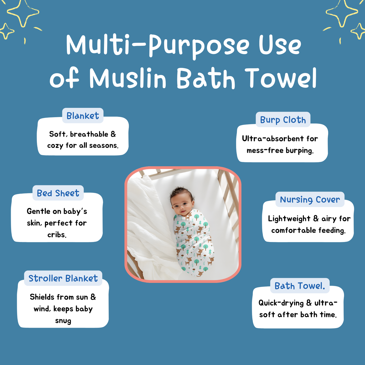 Muslin Baby Towel – 75x140 cm - Deer Elephant Print