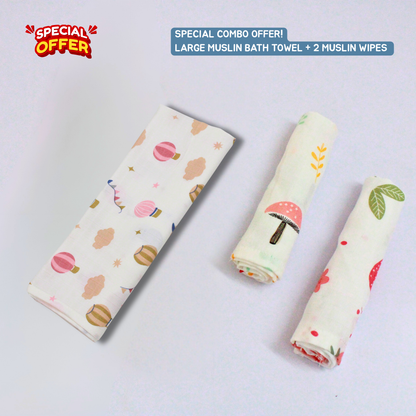 Parachute Baby Muslin Towel Set (145 x 70 cm) + 2 Wipes (10x10 inch)
